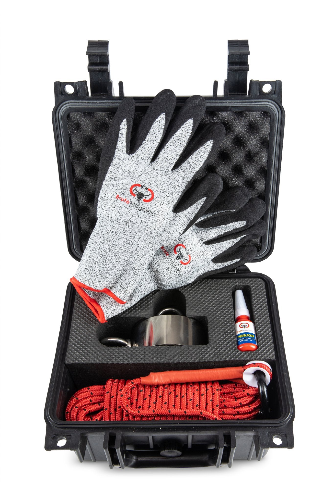 Brute Box 2600 lb Pulling Magnet Fishing Kit | 4.57 Magnet, 65 ft Rope,  Carabiner, Threadlocker, Gloves