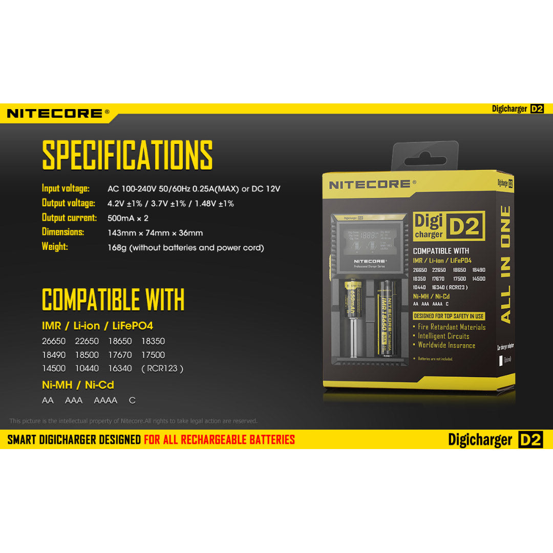 Nitecore D2 Digicharger Universal Charger 18650 RCR123A 17650 17670 14500 AA AAA