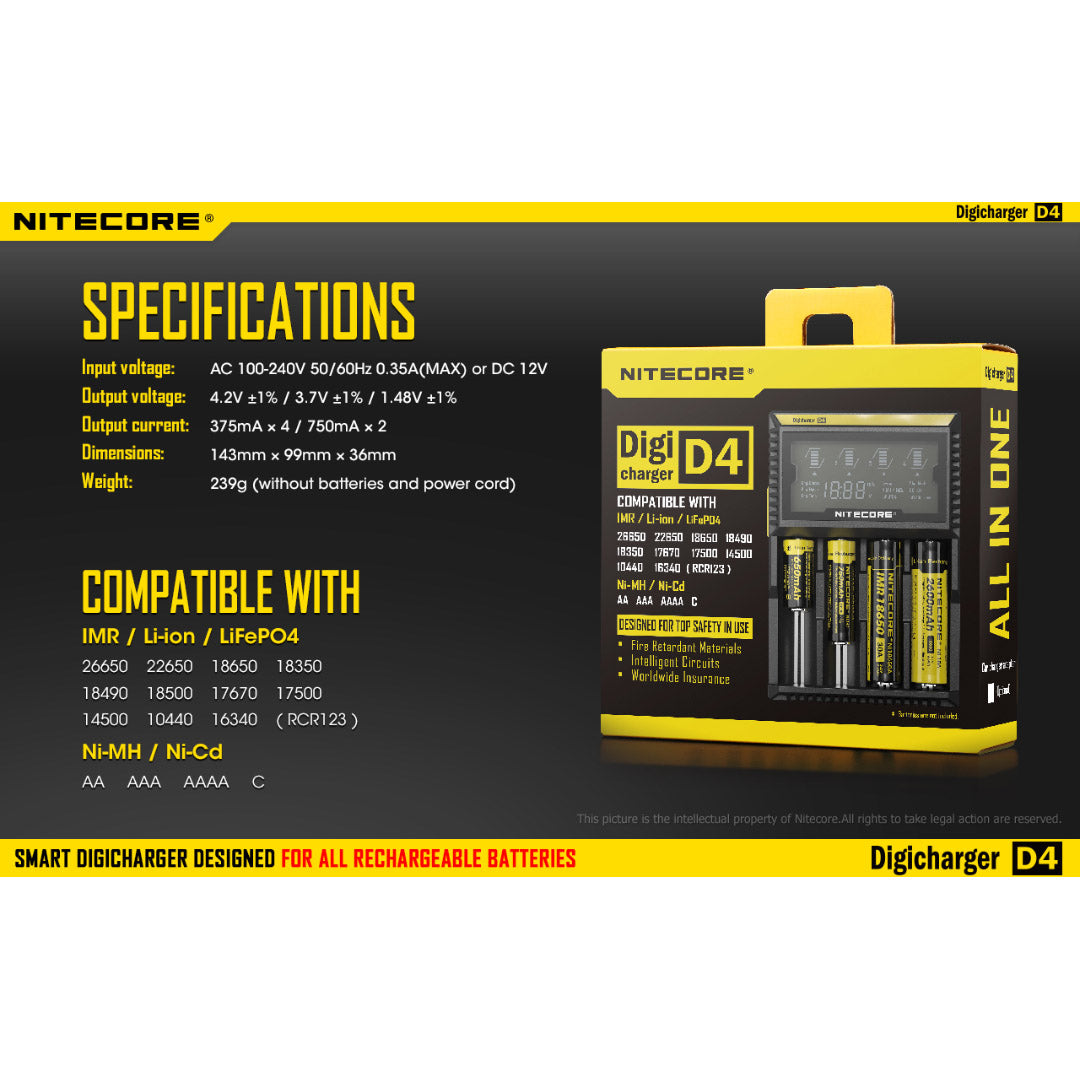 Nitecore D4 Digicharger Universal Charger 18650 RCR123A 17650 17670 14500 AA AAA
