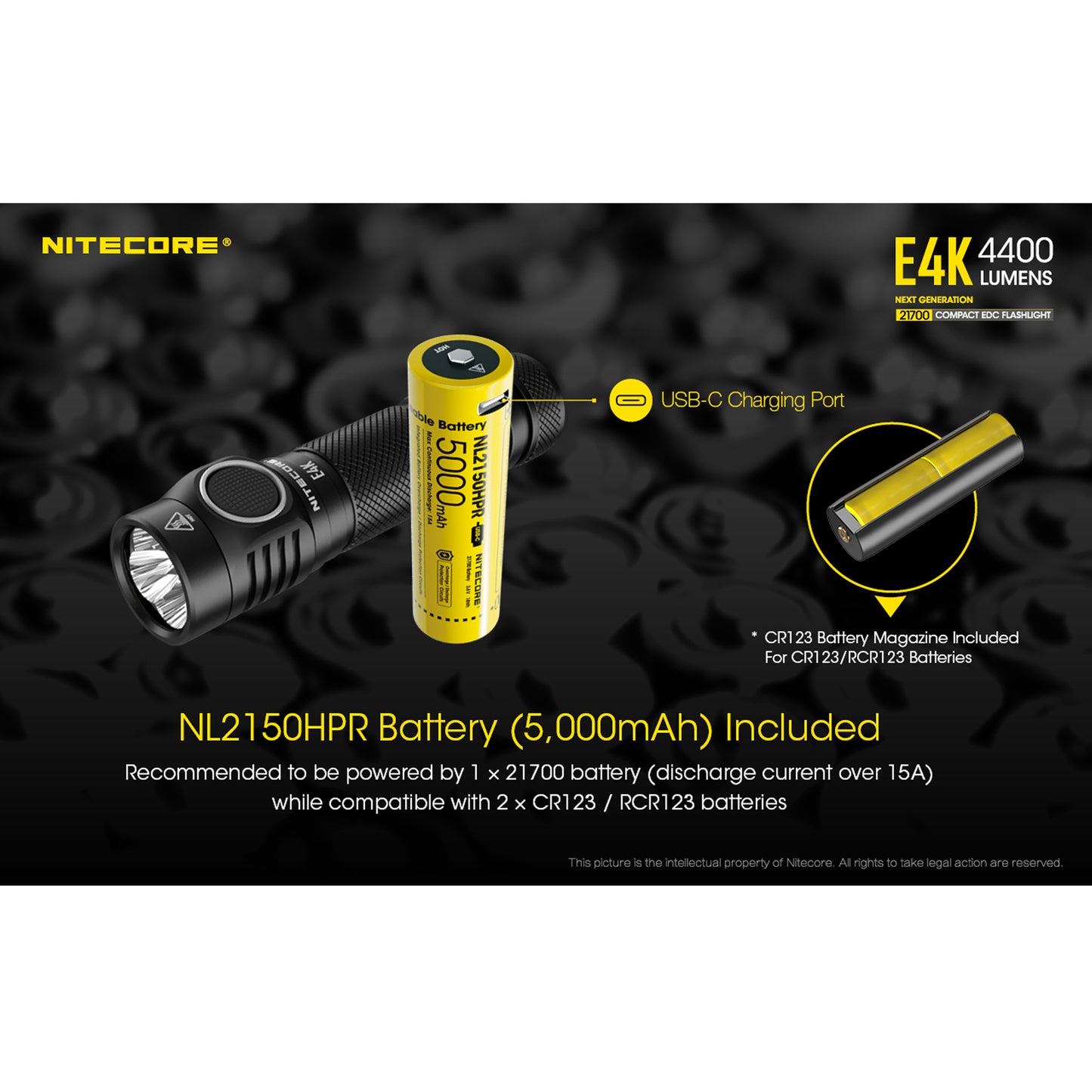 Nitecore E4K 4400 Lumens EDC Flashlight with 5000mAh USB-C Battery