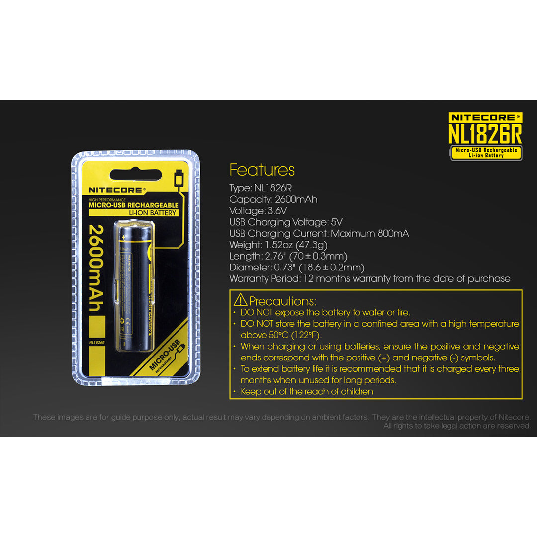 Nitecore NL1826R 2600mAh USB Rechargeable 18650 Battery