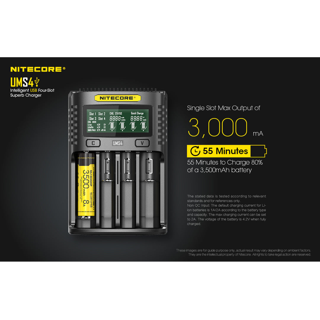 Nitecore UMS4 Four Slot USB Fast Charger for 18650 and 21700 Batteries