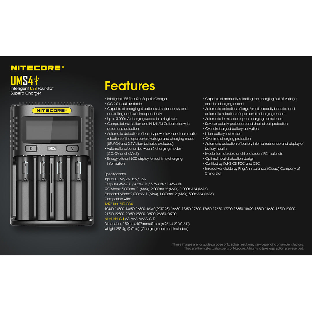 Nitecore UMS4 Four Slot USB Fast Charger for 18650 and 21700 Batteries