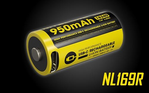 Nitecore NL169R 950mAh Rechargeable RCR123 16340 Battery with USB-C Charging Port