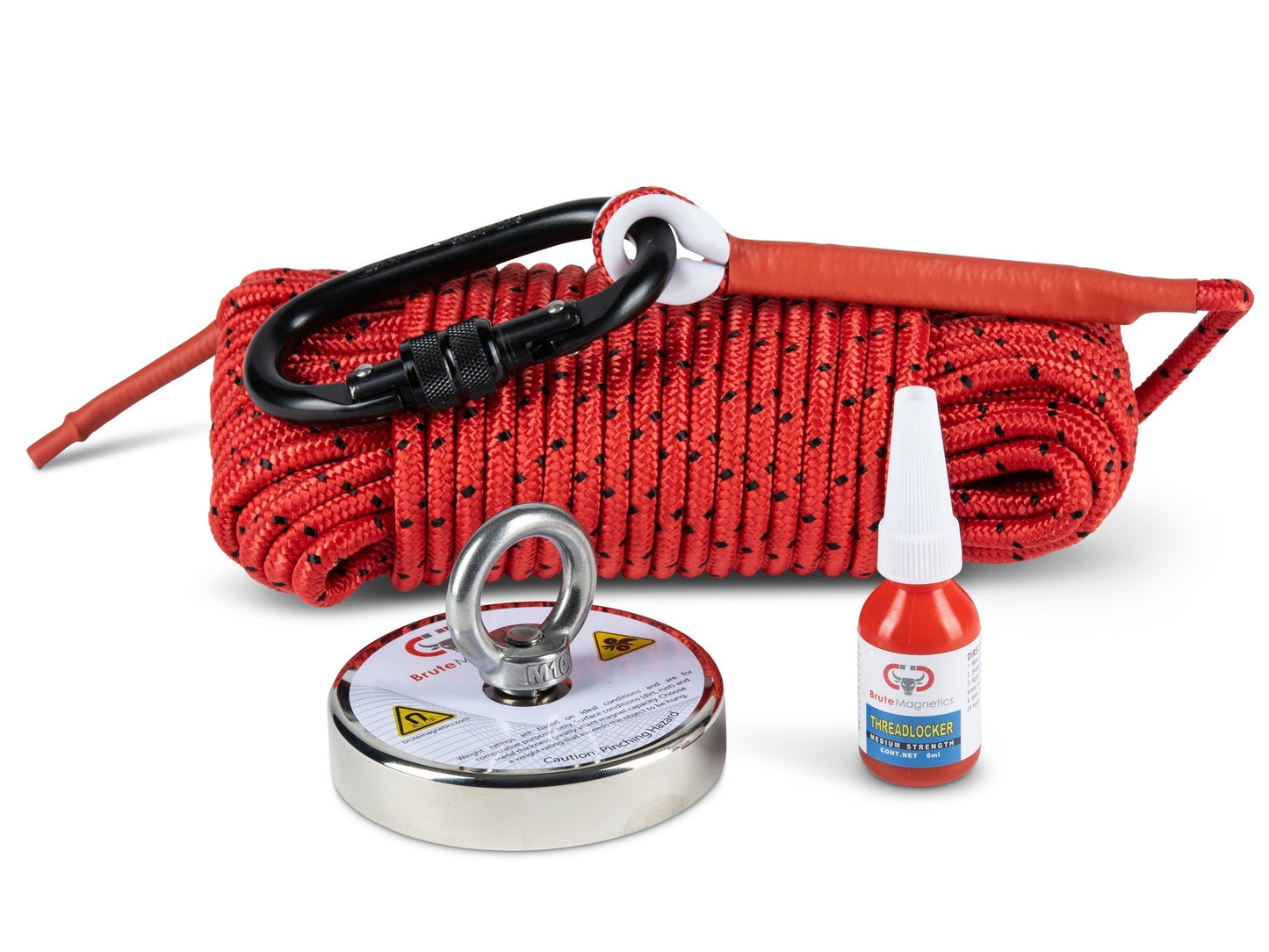 Brute Box 1000 lb Magnet Fishing Bundle (3.54 inch Magnet + Rope + Carabiner + Gloves + Threadlocker)