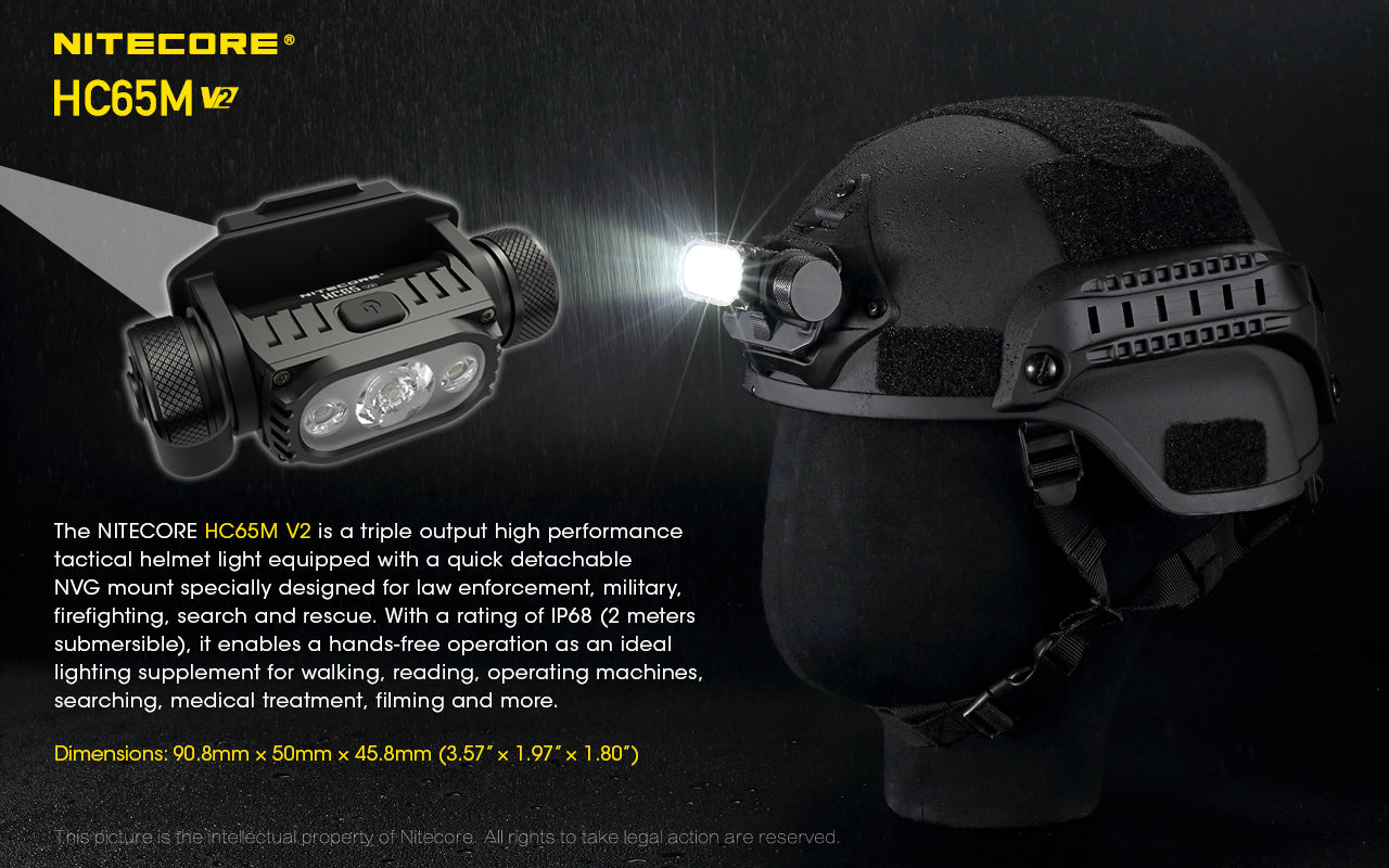 Nitecore HC65M V2 1750 Lumens NVG Mountable Helmet Light, White and Red LED