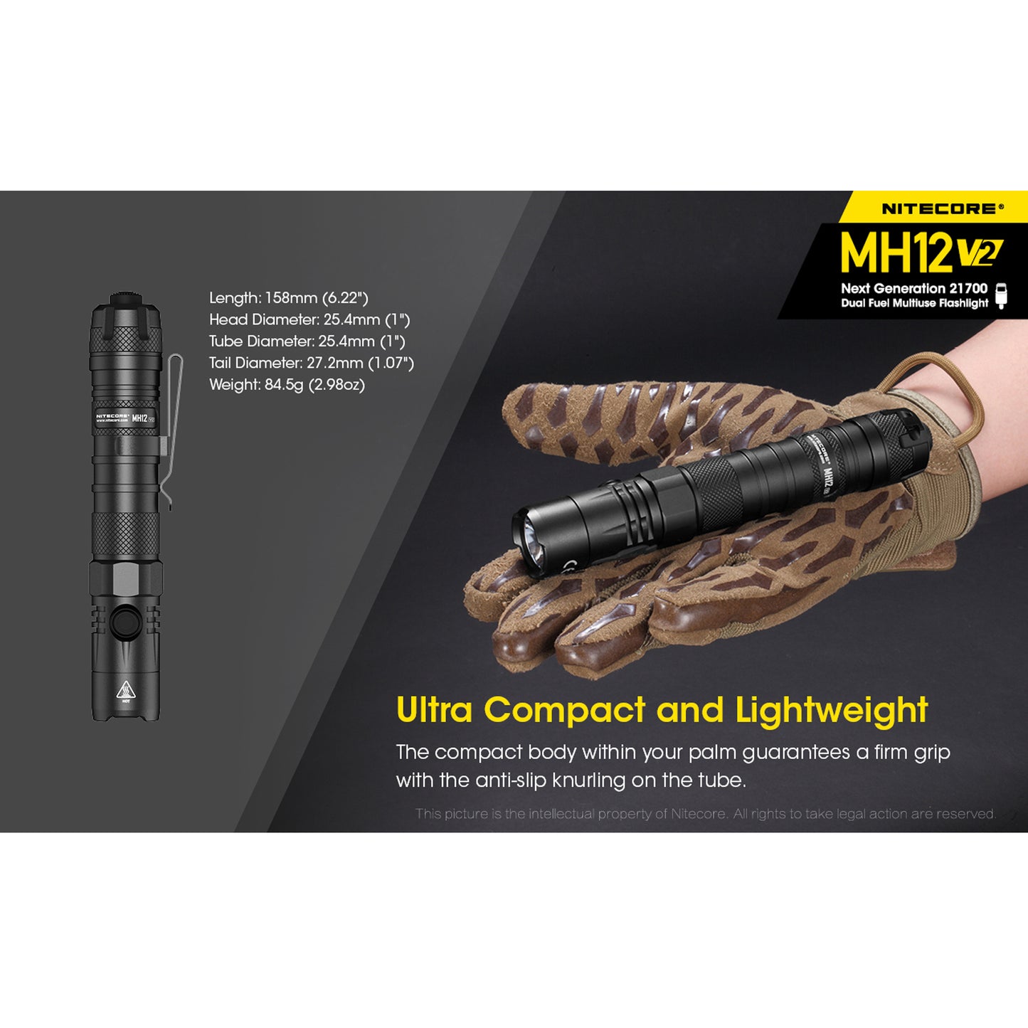 Nitecore MH12 v2 1200 Lumen USB-C Rechargeable Flashlight with 5000mAh Battery