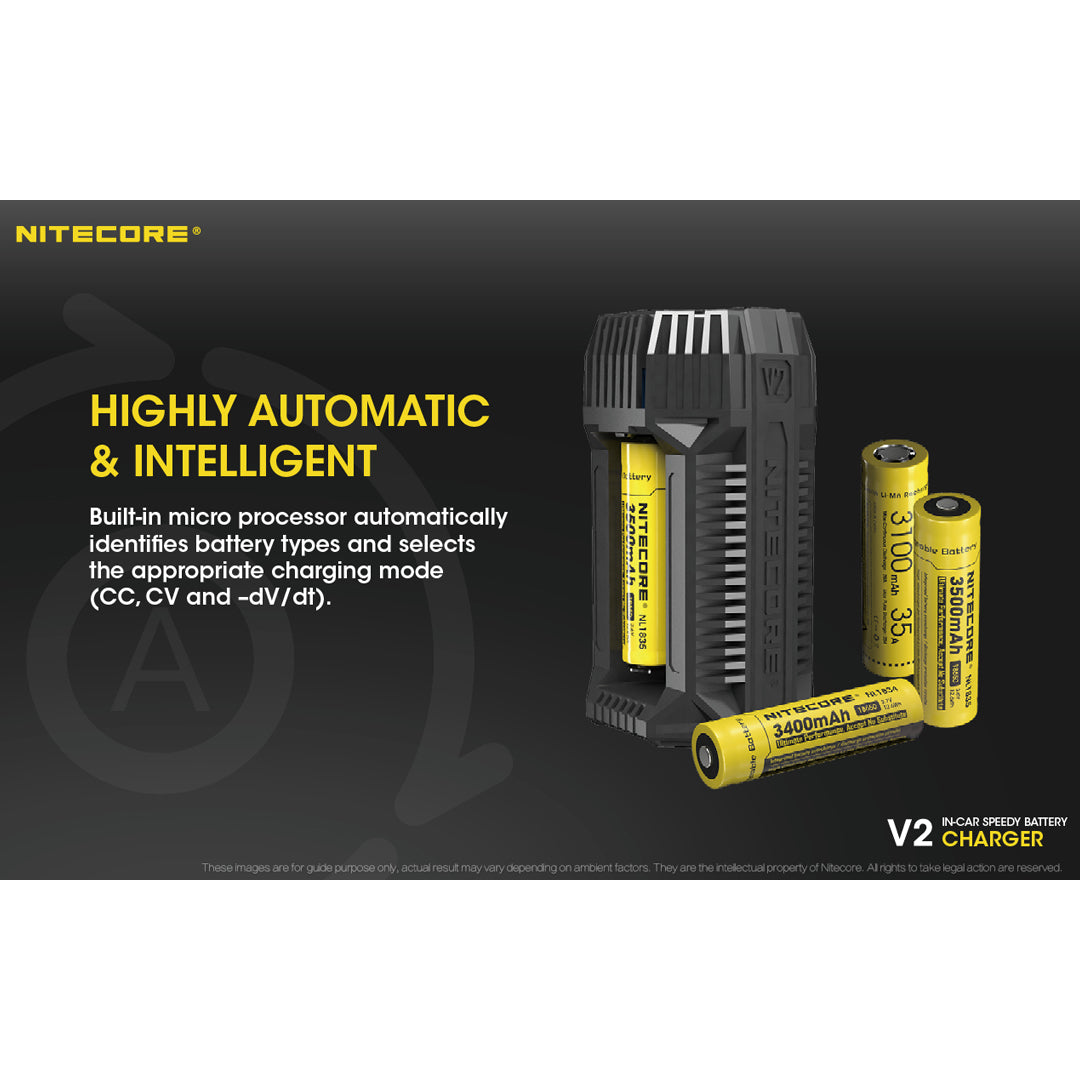 Nitecore V2 6A 2-Channel In-Car Speedy Battery Charger with 12V Lighter Adapter and USB Ports for 18650 RCR123A 17650 17670 14500 AA C and More