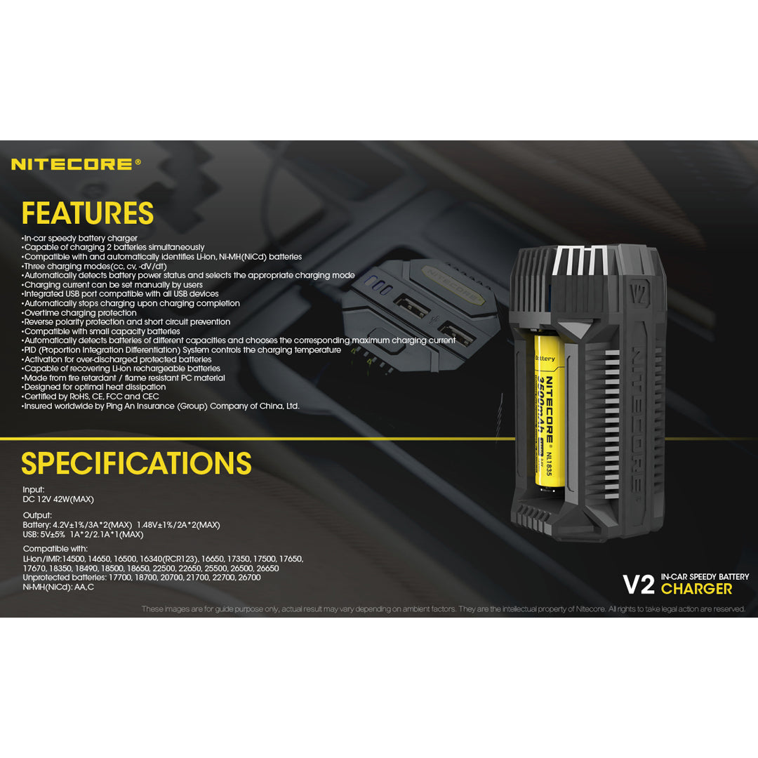 Nitecore V2 6A 2-Channel In-Car Speedy Battery Charger with 12V Lighter Adapter and USB Ports for 18650 RCR123A 17650 17670 14500 AA C and More