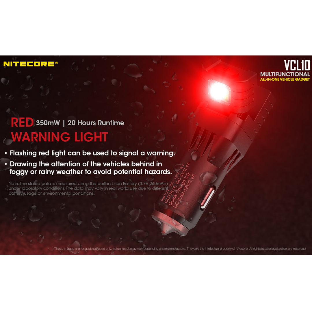 Nitecore VCL10 QuickCharge 3.0 USB Car Charger with White & Red Flashlight