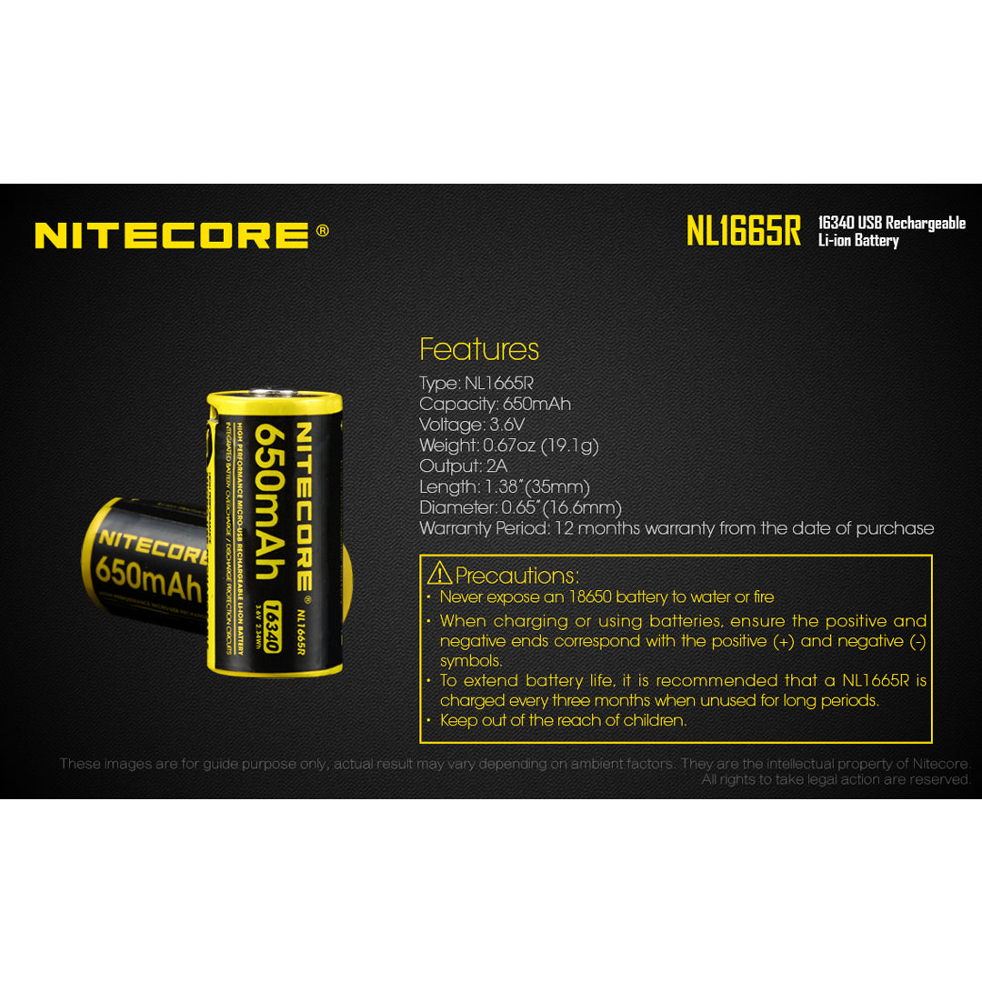 Nitecore NL1665R 650mAh Rechargeable RCR123A 16340 Battery