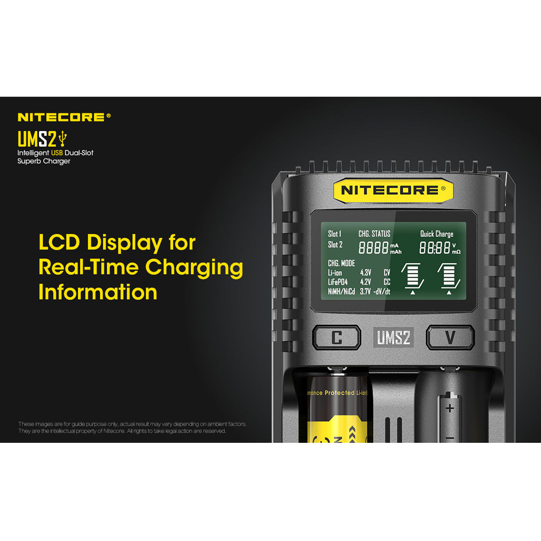 Nitecore UMS2 Dual-Slot USB Fast Charger for 18650 and 21700 Batteries