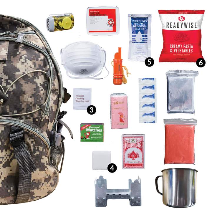 64 Piece Survival Backpack - Camo, Black, or Red
